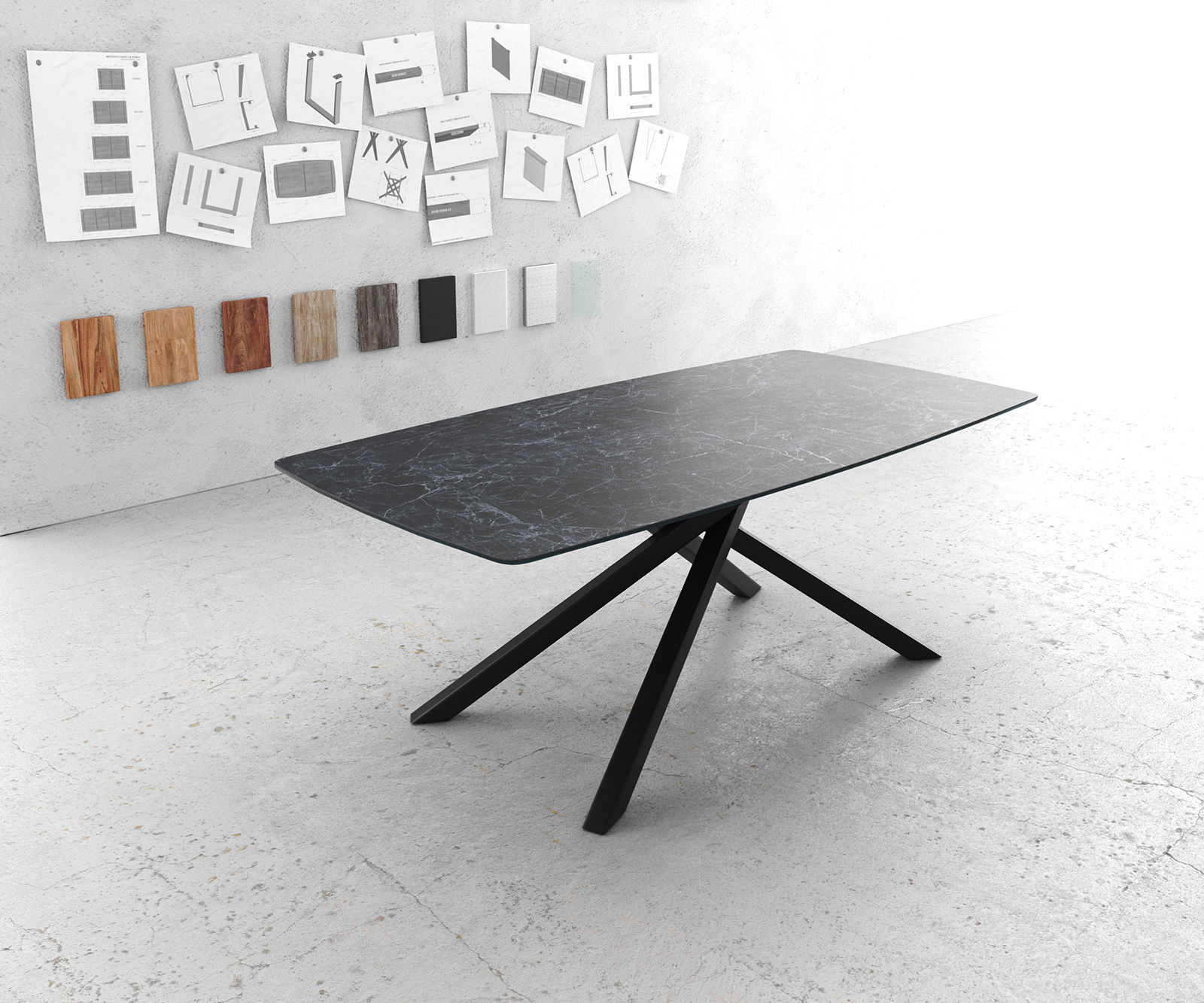 Étkezőasztal Edge hajóformájú 200x100 cm Laminam® kerámia Nero Greco antracit középső láb kereszt fekete