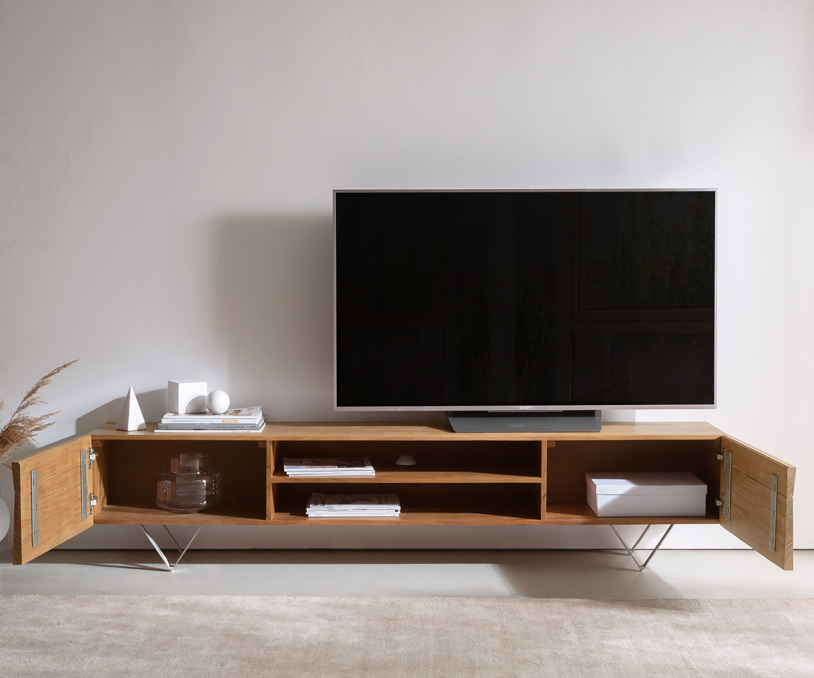 TV szekrény Kayu 200 cm akác természetes 2 ajtós V láb - Image 4