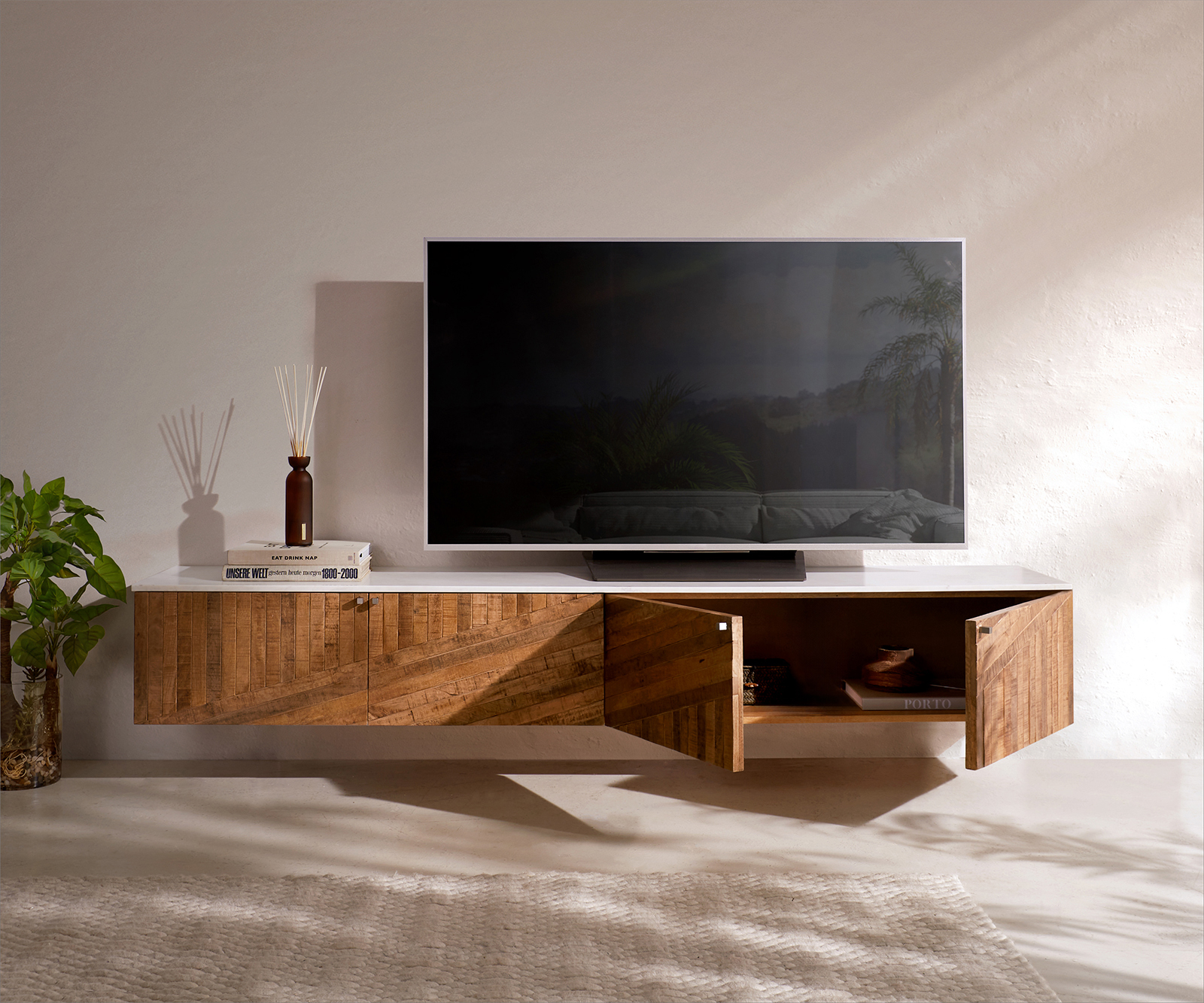 TV szekrény Bahan 200 cm mango teak 4 ajtós fehér márványlap lebegő - Image 8