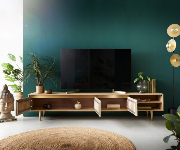 TV szekrény Budaya 220 cm mango természetes 3 ajtós láb kerek - Image 9