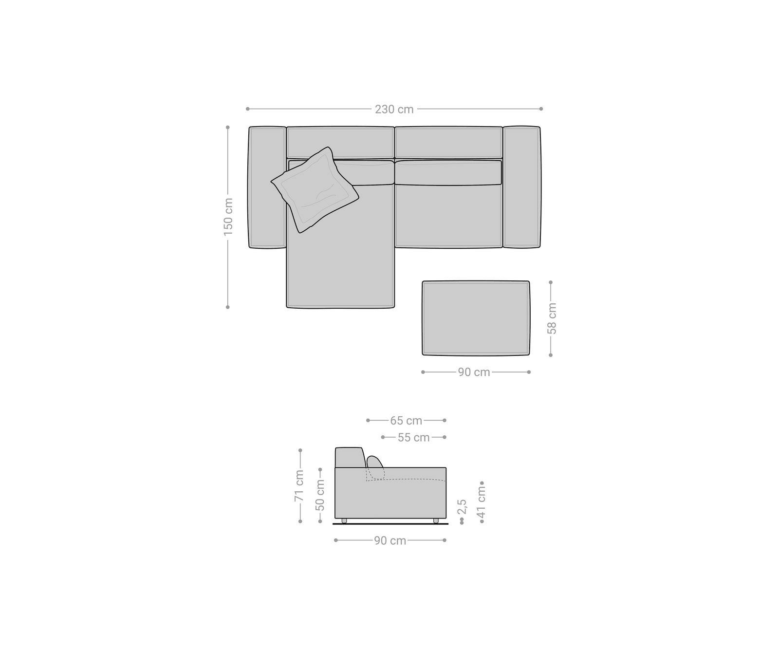 Sarokkanapé Sirpio 230x150 cm mikroszálas fekete rekamié változtatható puffal - Image 7