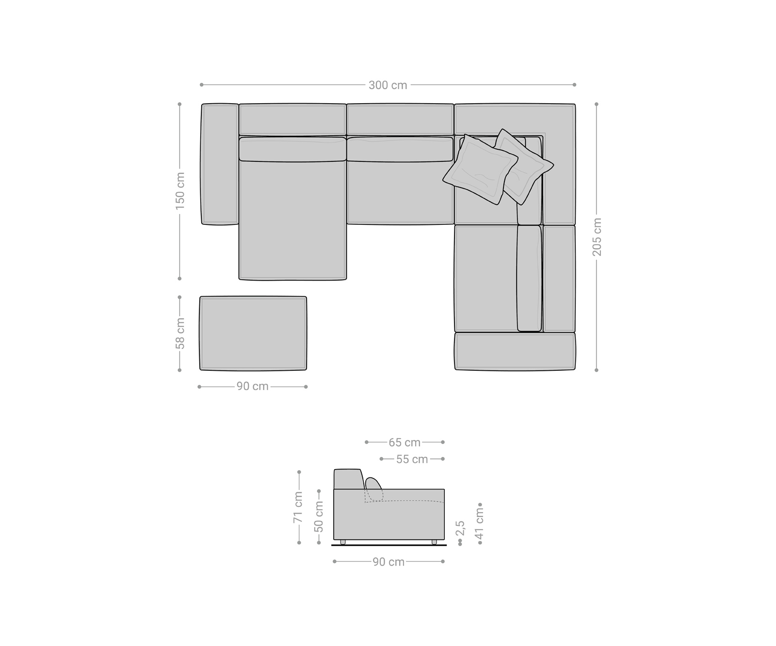 "U" alakú kanapé Sirpio 300x200 cm mikroszálas fekete rekamié változtatható puffal - Image 8