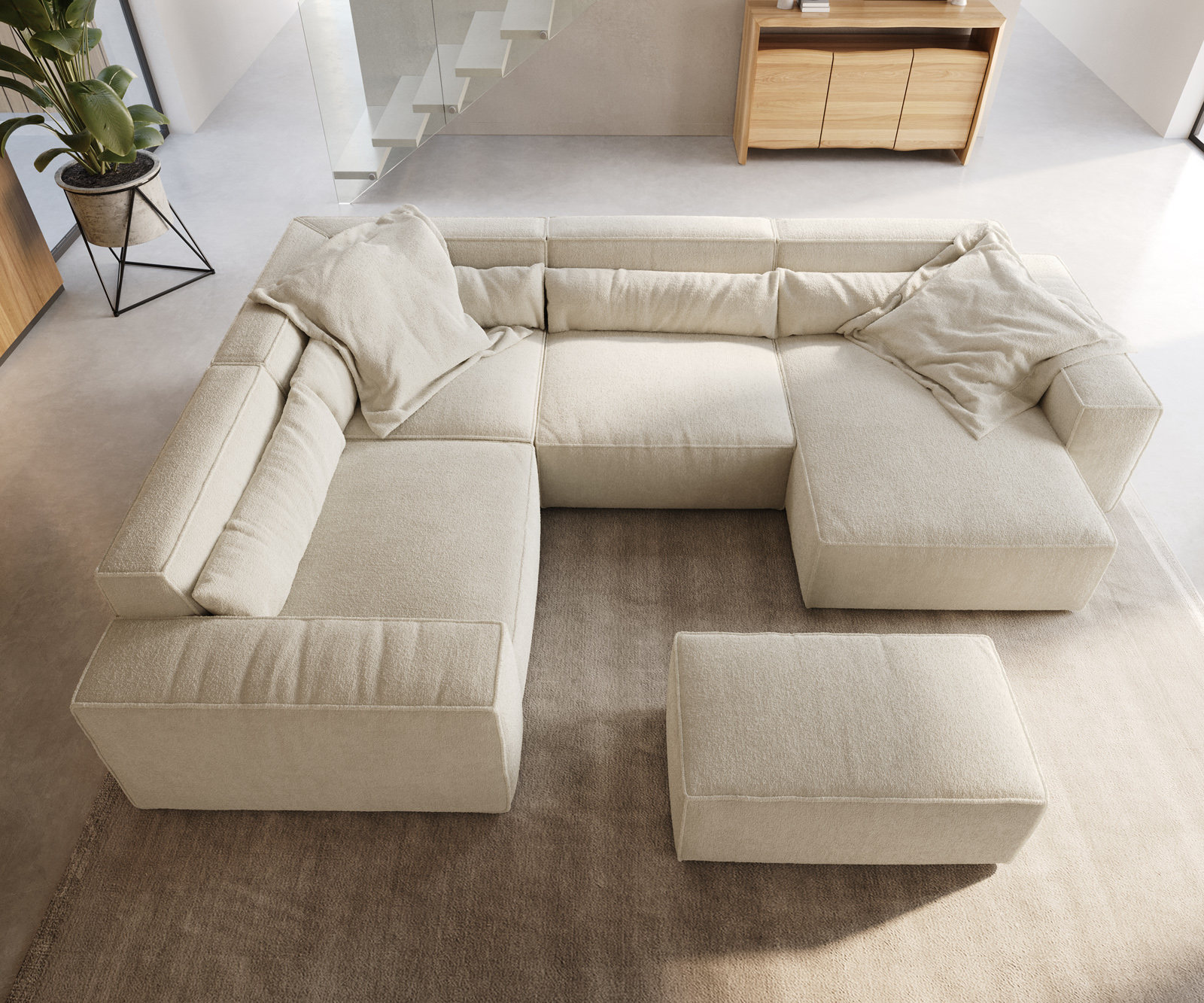 "U alakú kanapé Sirpio 300x200 cm bouclé krémfehér rekamié változtatható puffal" - Image 4