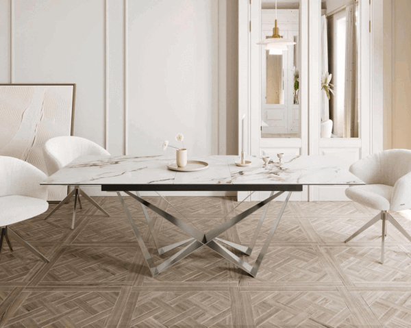 Étkezőasztal Edge 180-220x100 kerámia Calacatta Luxe fehér arany szürke Spider laposacél rozsdamentes acél kihúzható - Image 2