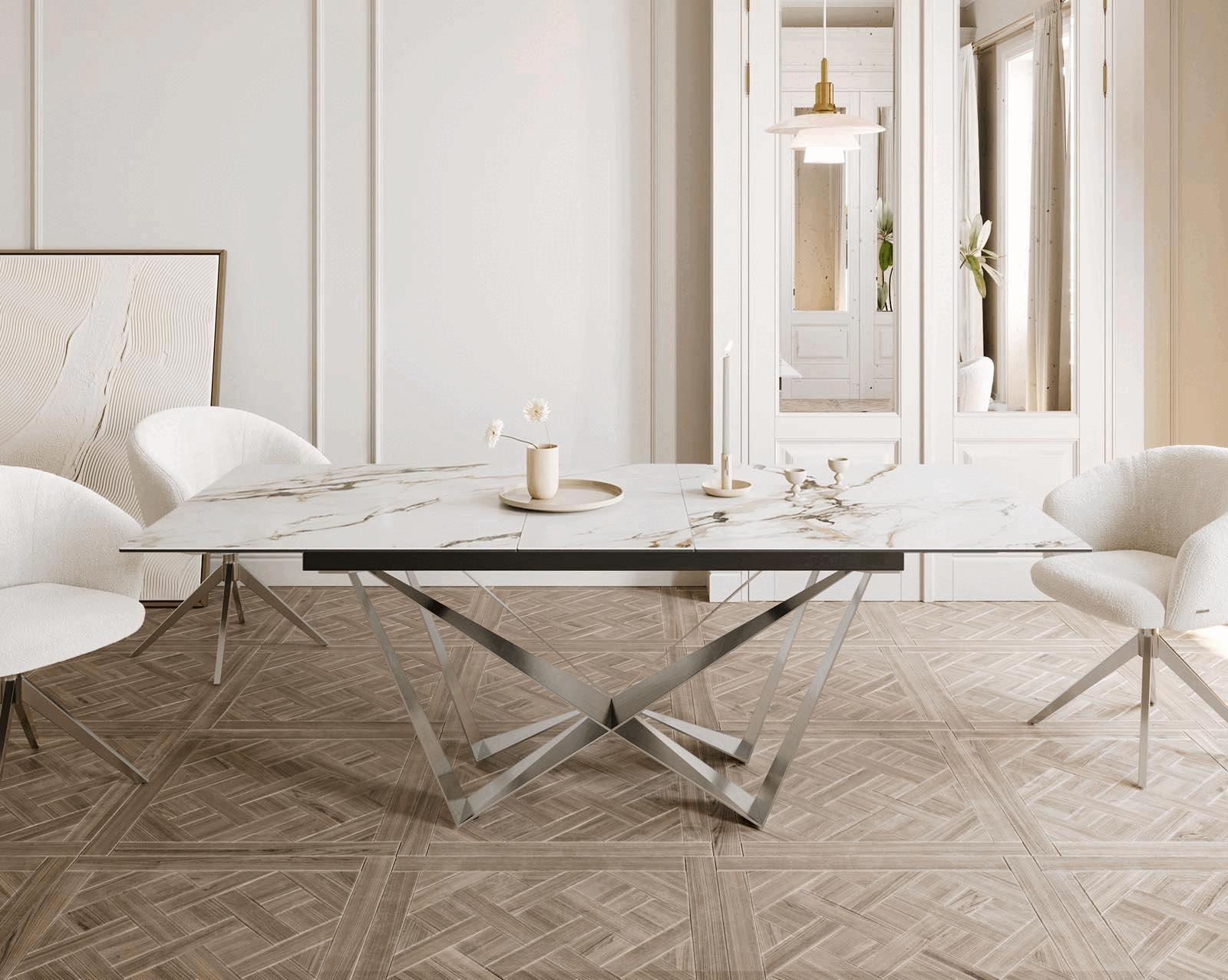 Étkezőasztal Edge 180-220x100 kerámia Calacatta Luxe fehér arany szürke Spider laposacél rozsdamentes acél kihúzható - Image 2