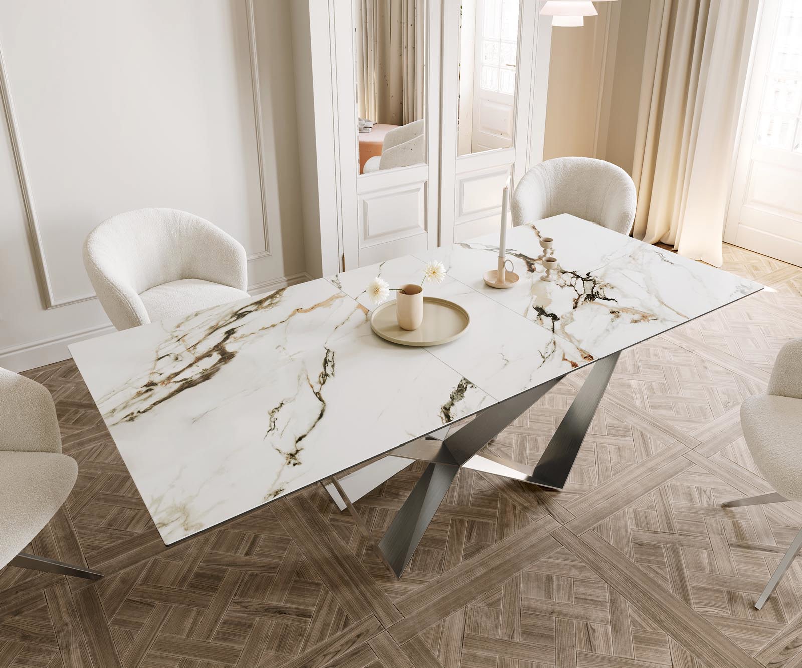 Étkezőasztal Edge 180-220x100 kerámia Calacatta Luxe fehér arany szürke Spider laposacél rozsdamentes acél kihúzható - Image 5
