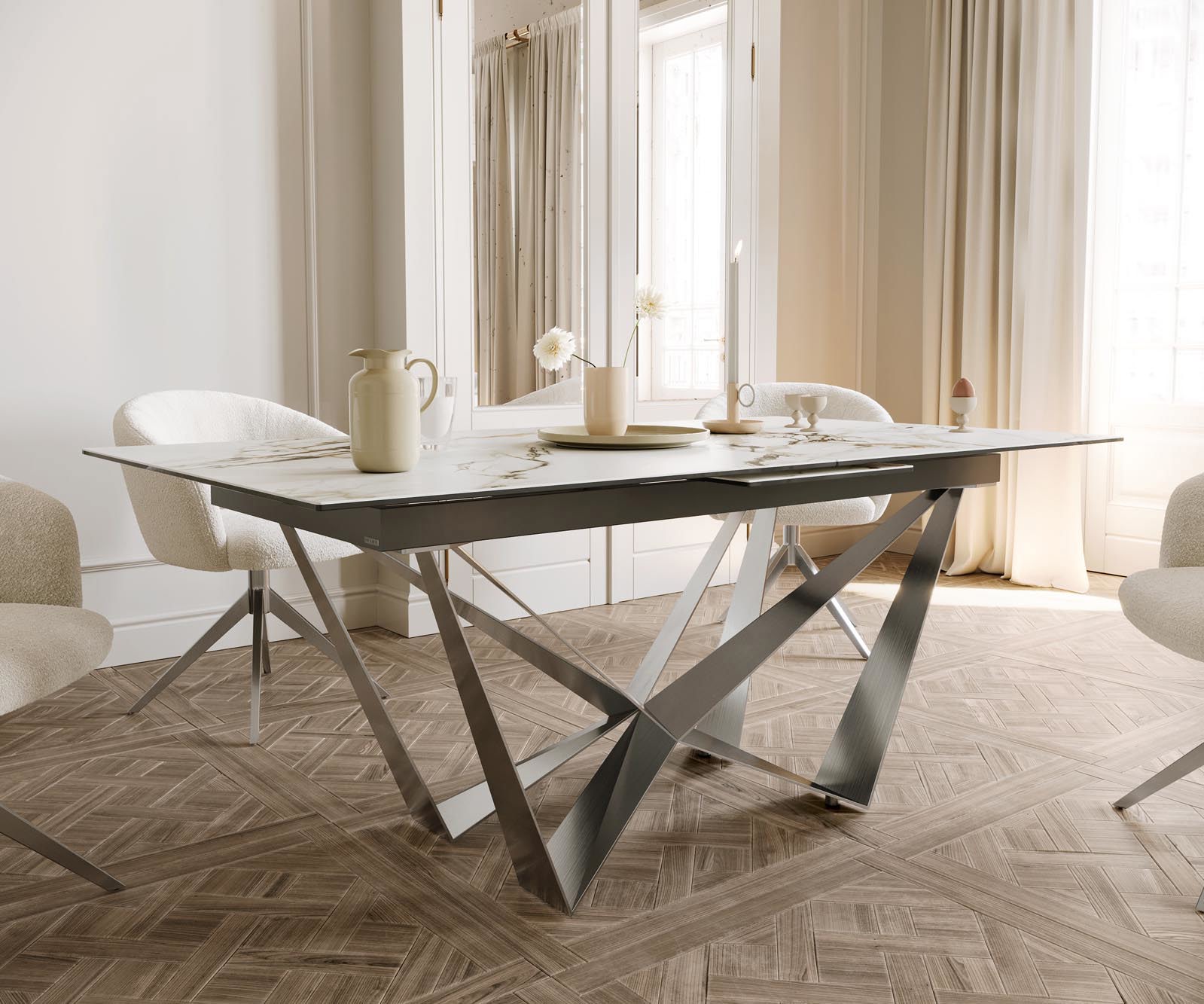 Étkezőasztal Edge 180-220x100 kerámia Calacatta Luxe fehér arany szürke Spider laposacél rozsdamentes acél kihúzható - Image 6
