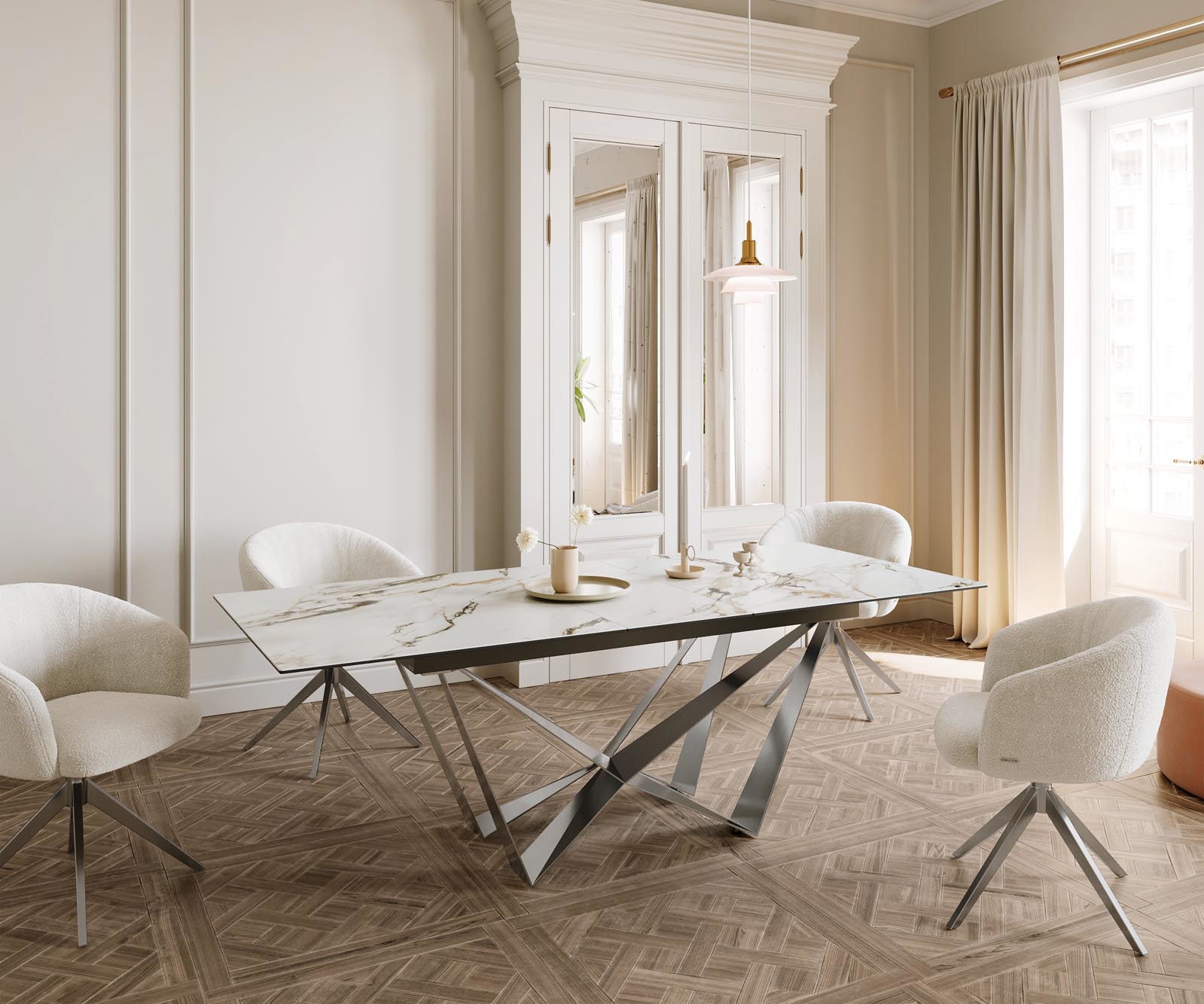 Étkezőasztal Edge 180-220x100 kerámia Calacatta Luxe fehér arany szürke Spider laposacél rozsdamentes acél kihúzható - Image 7