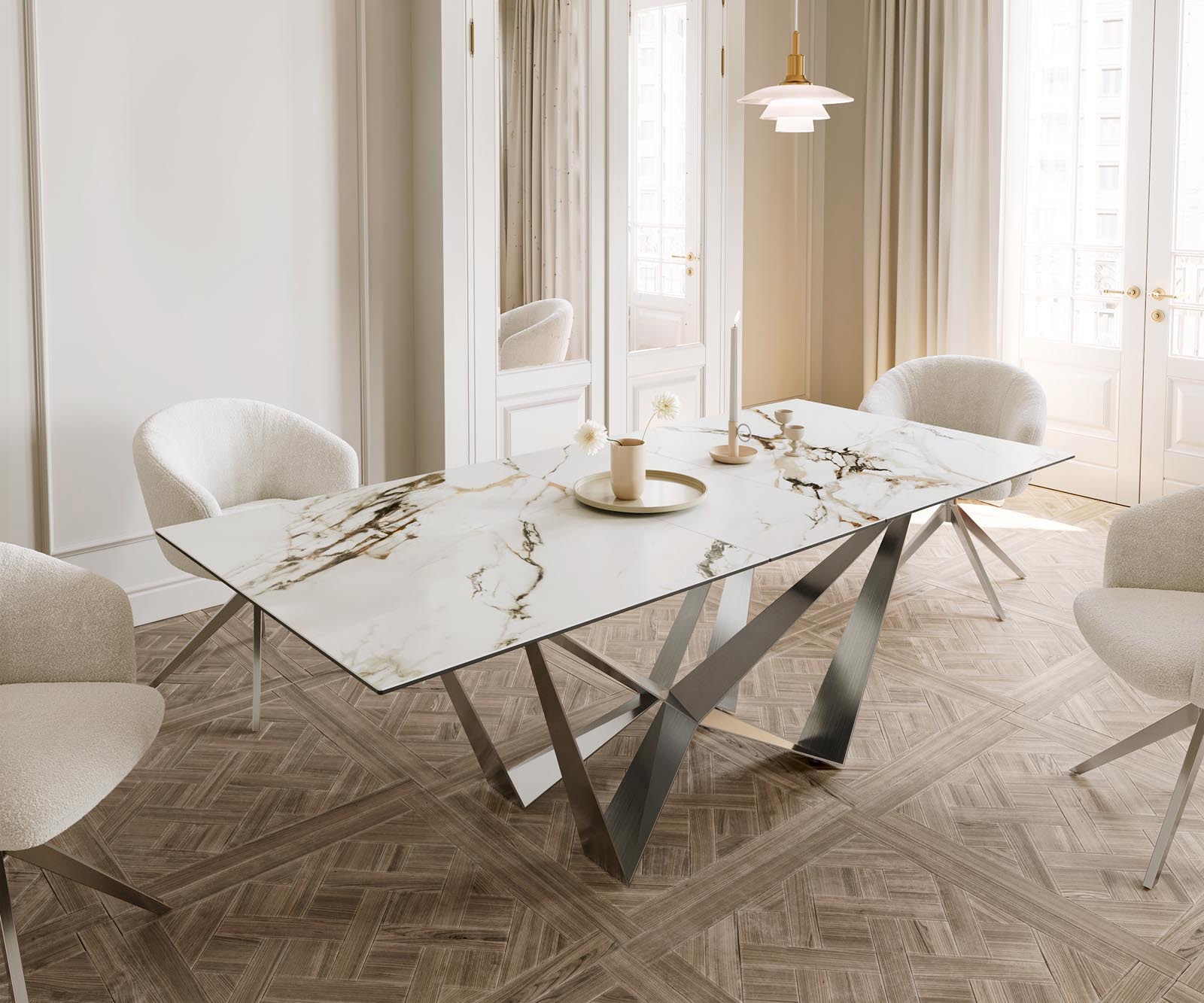 Étkezőasztal Edge 180-220x100 kerámia Calacatta Luxe fehér arany szürke Spider laposacél rozsdamentes acél kihúzható