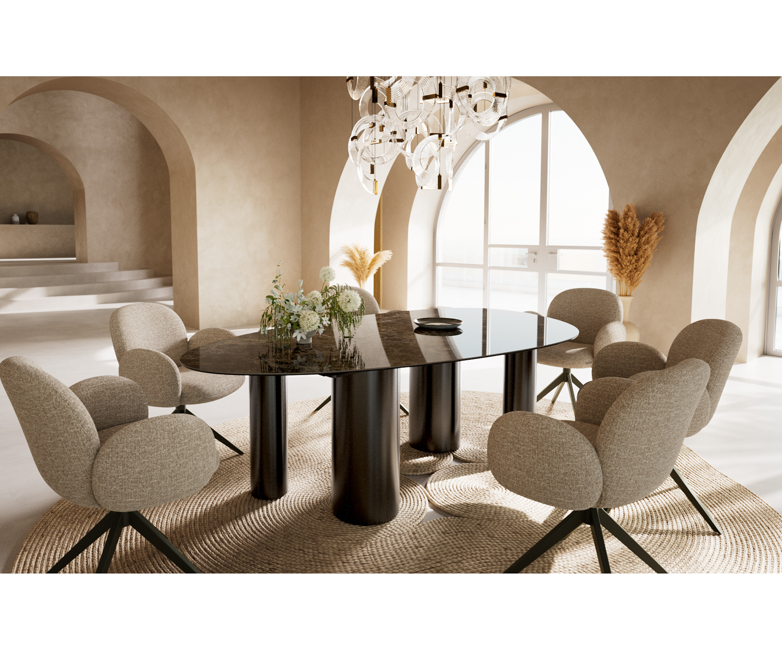 Étkezőasztal Edge ovális 220x120 cm Laminam® Emperador extra polírozott sötétbarna rozsdamentes acél láb grafit - Image 6