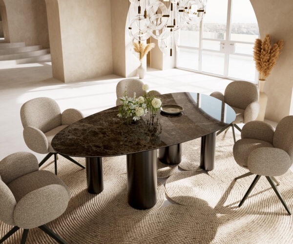 Étkezőasztal Edge ovális 220x120 cm Laminam® Emperador extra polírozott sötétbarna rozsdamentes acél láb grafit