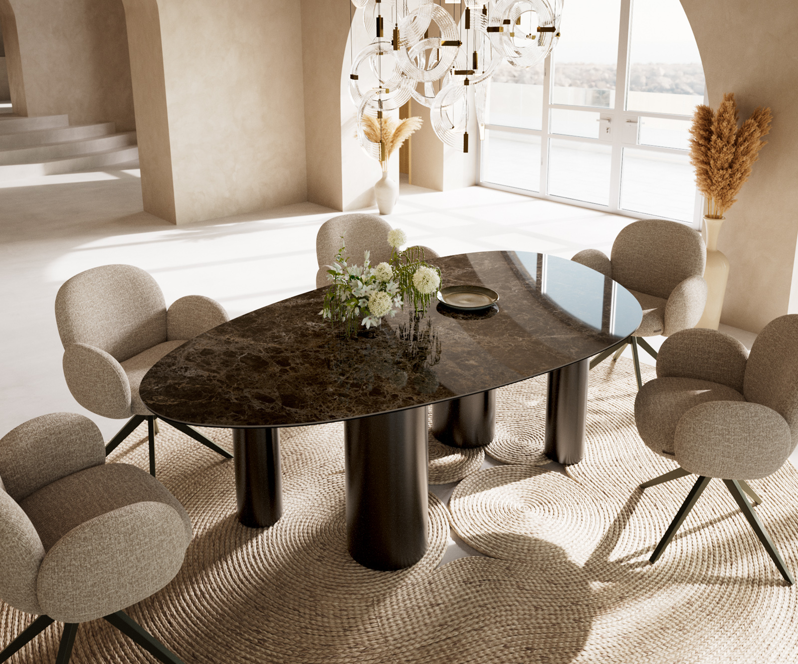 Étkezőasztal Edge ovális 220x120 cm Laminam® Emperador extra polírozott sötétbarna rozsdamentes acél láb grafit