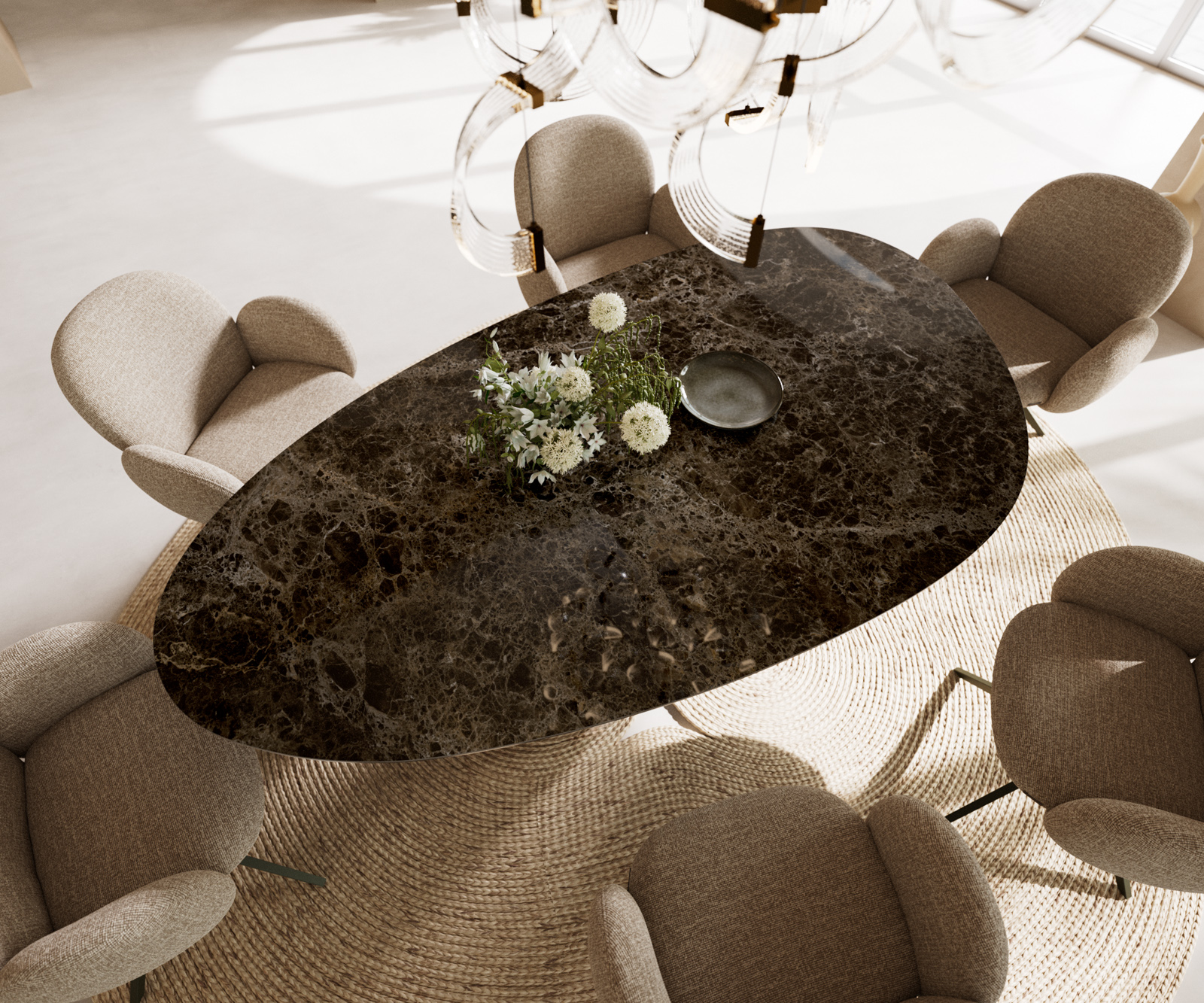 Étkezőasztal Edge ovális 220x120 cm Laminam® Emperador extra polírozott sötétbarna rozsdamentes acél láb grafit - Image 2