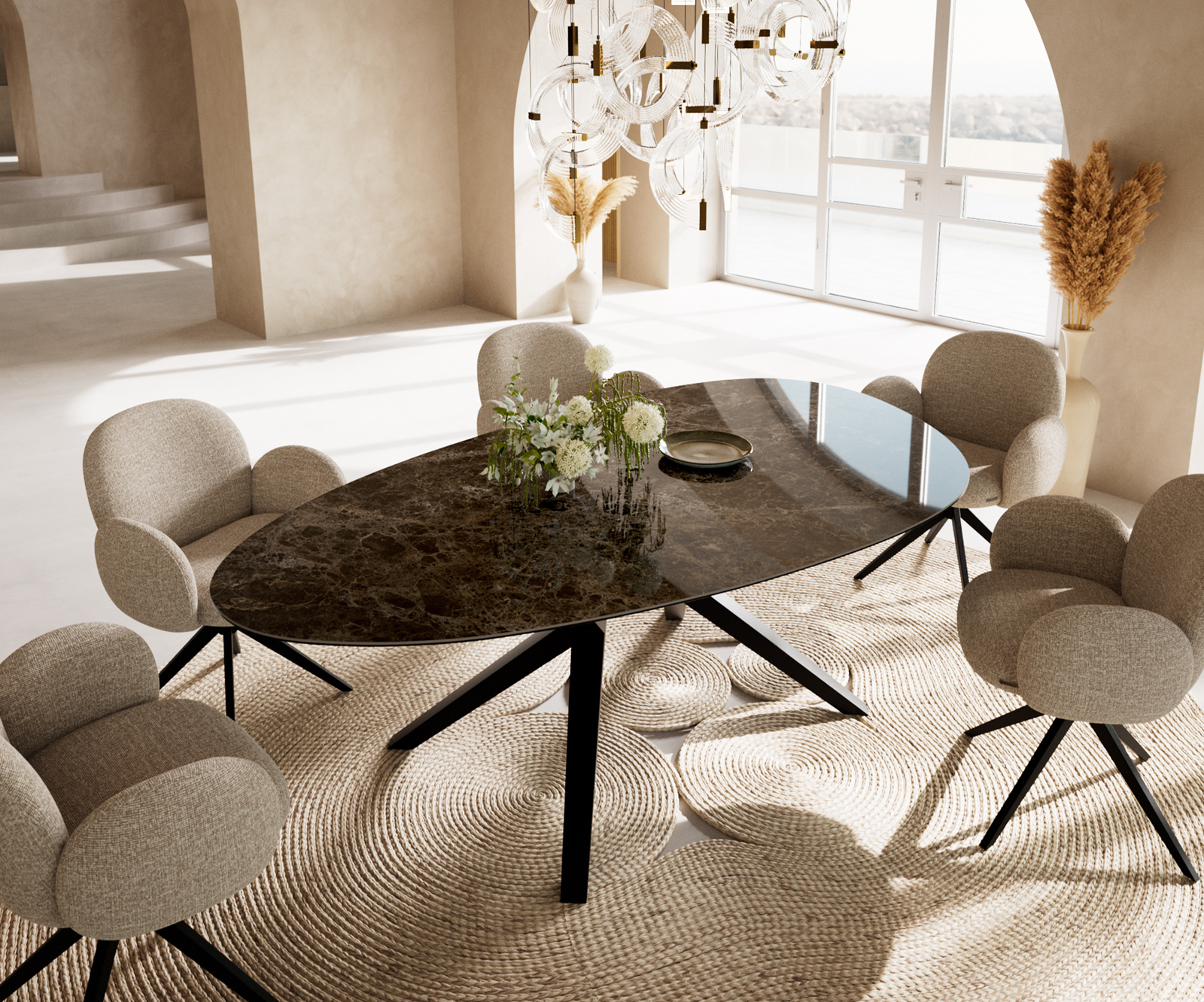 Étkezőasztal Edge ovális 220x120 cm Laminam® Emperador Extra Lucidato kerámia sötétbarna Zenthara szögletes fém fekete