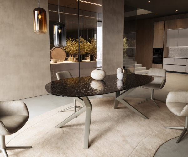 Étkezőasztal Edge ovális 220x120 domborított üveg füstfekete 3D design Zenthara szögletes fém titán színű effekt finish