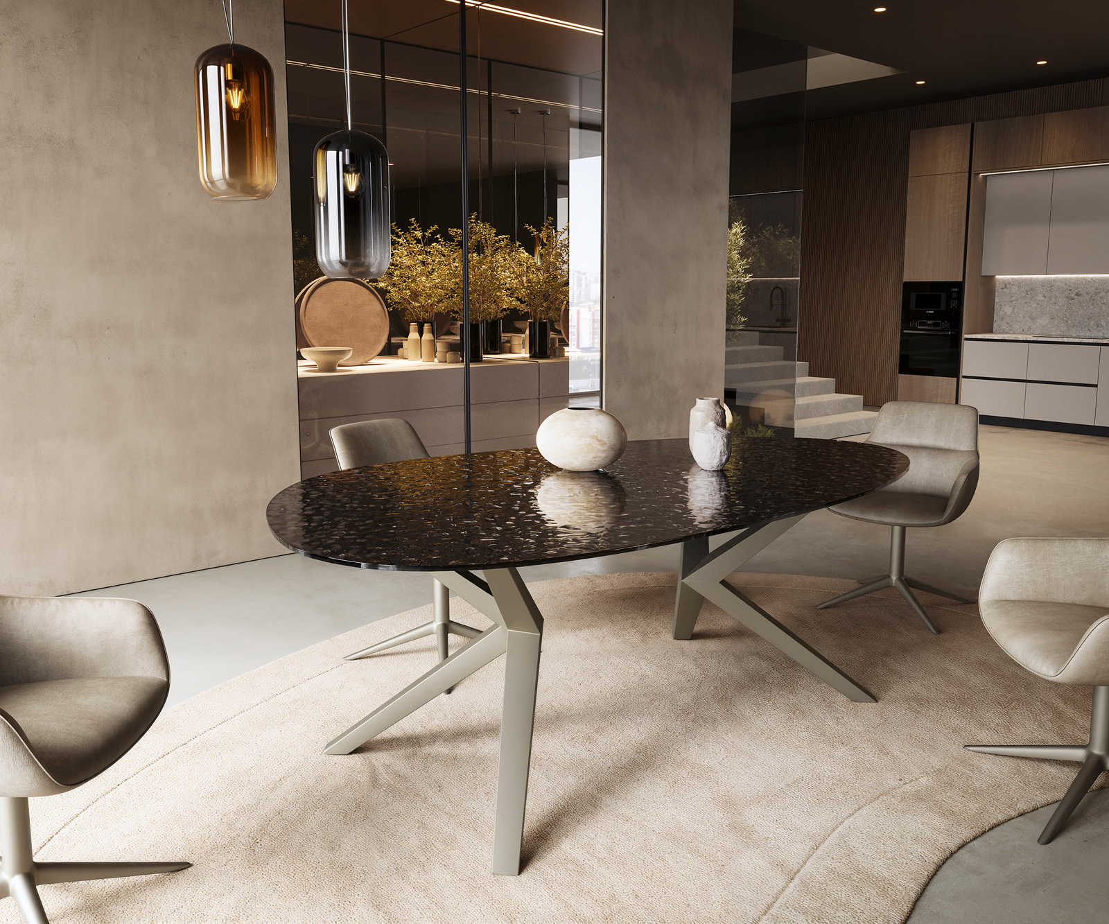 Étkezőasztal Edge ovális 220x120 domborított üveg füstfekete 3D design Zenthara szögletes fém titán színű effekt finish