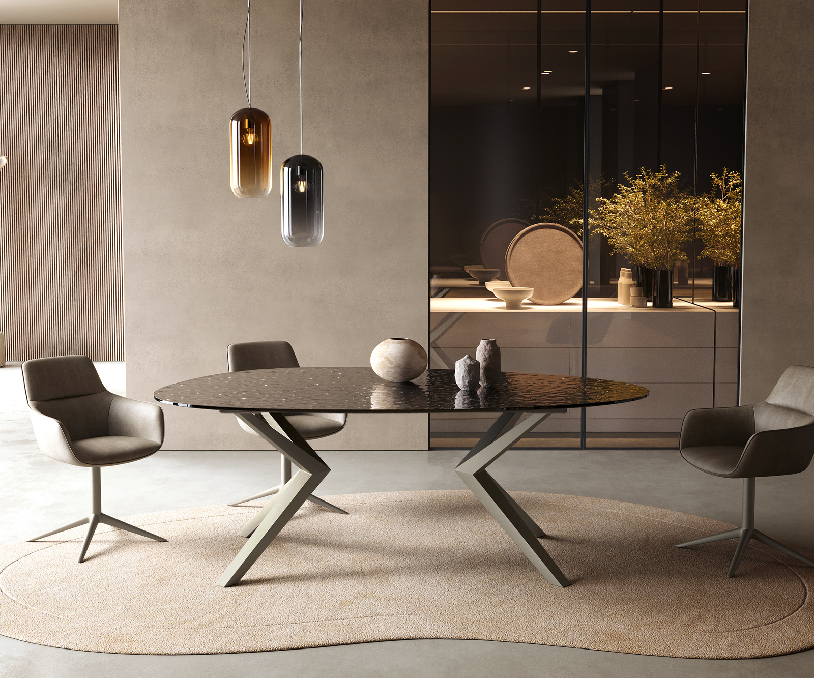 Étkezőasztal Edge ovális 220x120 domborított üveg füstfekete 3D design Zenthara szögletes fém titán színű effekt finish - Image 2