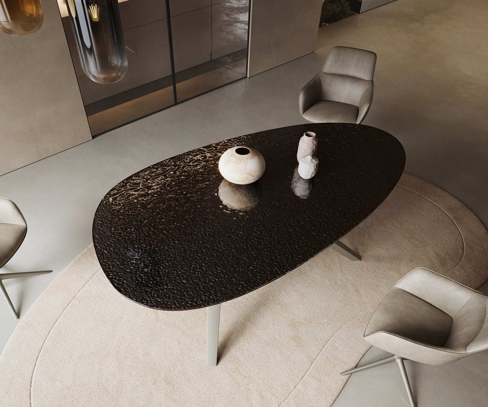 Étkezőasztal Edge ovális 220x120 domborított üveg füstfekete 3D design Zenthara szögletes fém titán színű effekt finish - Image 4