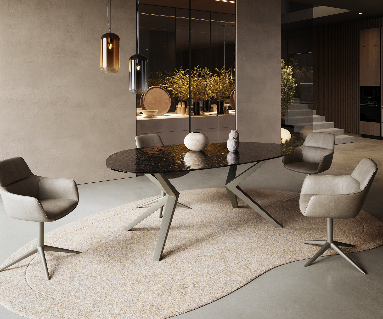 Étkezőasztal Edge ovális 220x120 domborított üveg füstfekete 3D design Zenthara szögletes fém titán színű effekt finish - Image 5