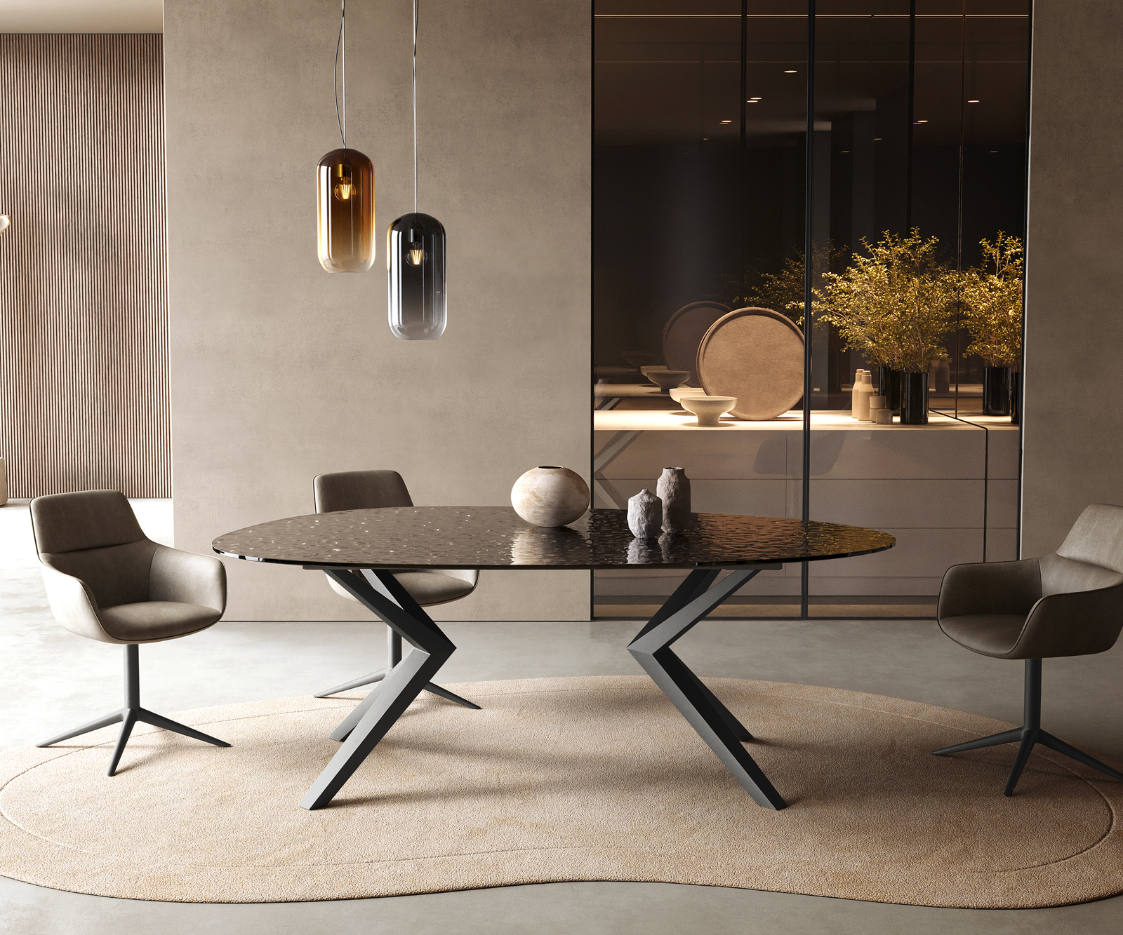 Étkezőasztal Edge ovális 220x120 domborított üveg füstfekete 3D design Zenthara szögletes fém fekete - Image 2