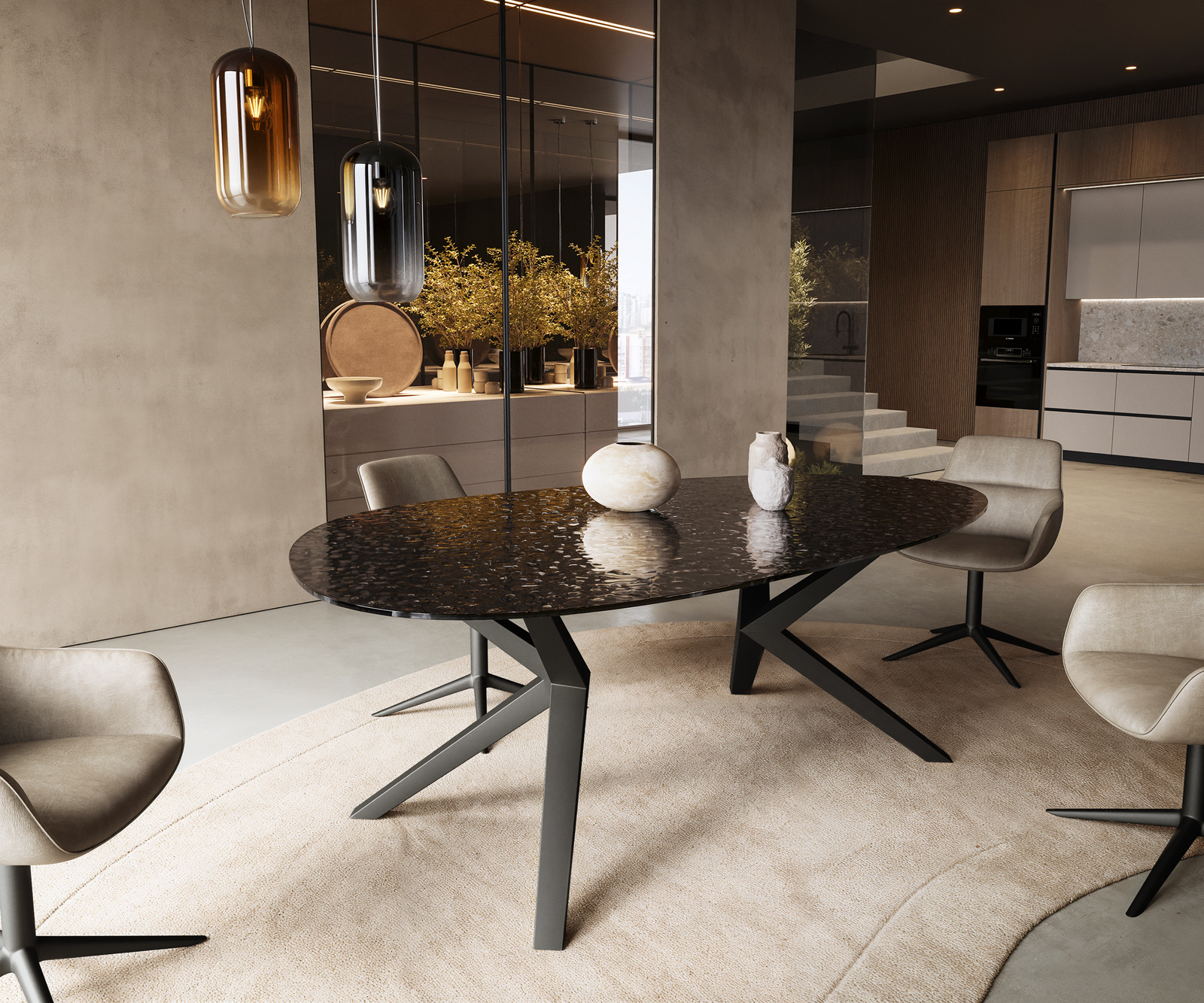 Étkezőasztal Edge ovális 220x120 domborított üveg füstfekete 3D design Zenthara szögletes fém fekete