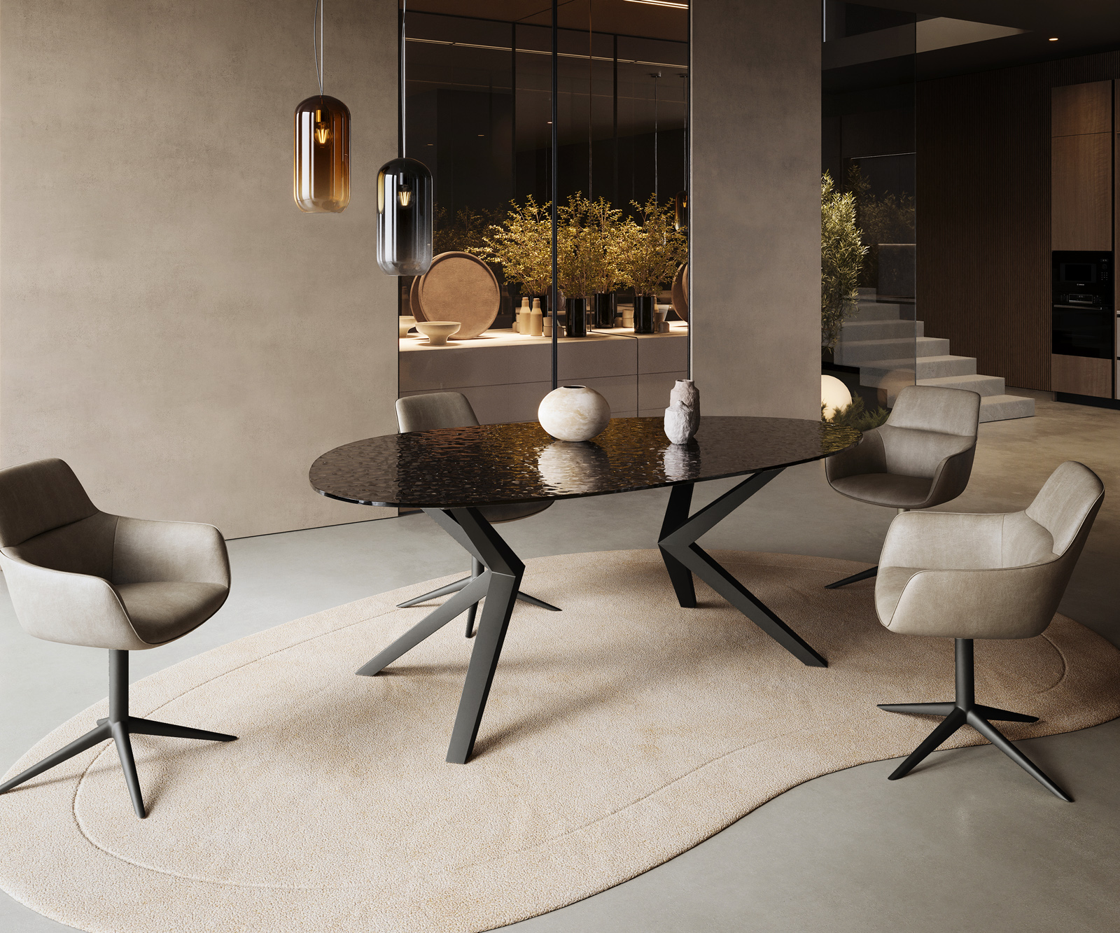 Étkezőasztal Edge ovális 220x120 domborított üveg füstfekete 3D design Zenthara szögletes fém fekete - Image 5