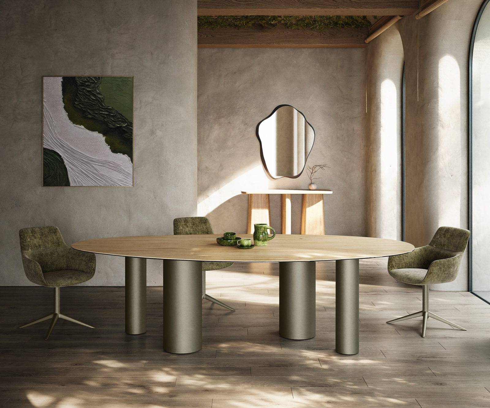 Étkezőasztal Edge ovális 280x130 kerámia Laminam® Sabbia tölgyszínű pilier fém titán színű hatású - Image 2