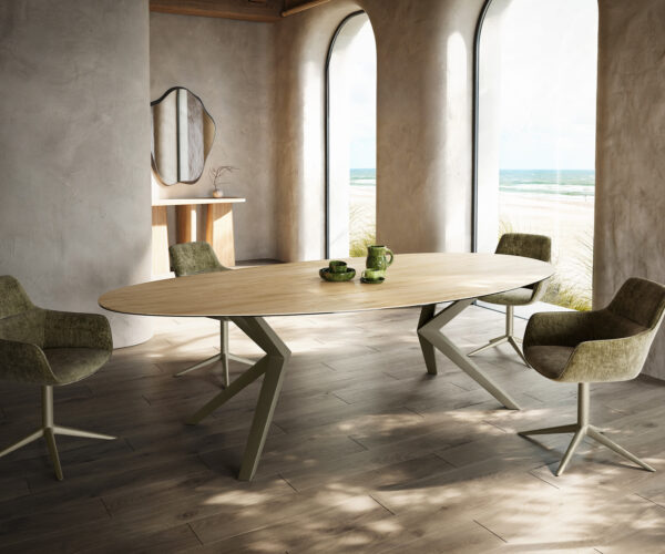 Étkezőasztal Edge ovális 280x130 kerámia Laminam® sabbia tölgyszínű Zenthara szögletes fém titán színű hatású