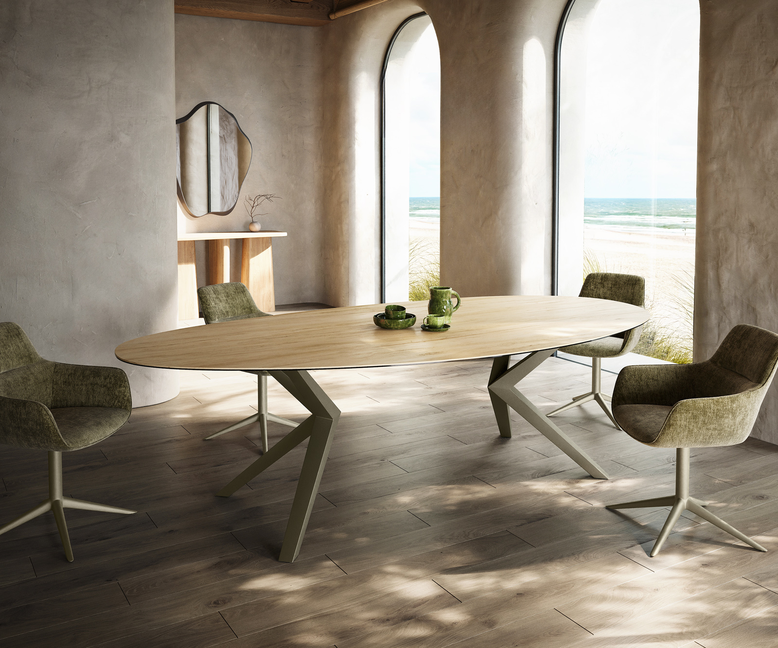 Étkezőasztal Edge ovális 280x130 kerámia Laminam® sabbia tölgyszínű Zenthara szögletes fém titán színű hatású