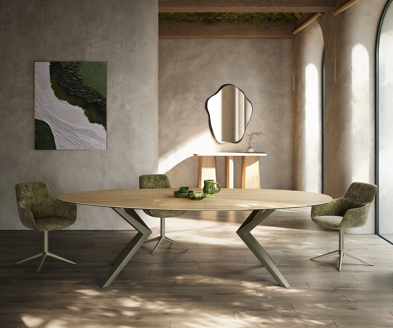 Étkezőasztal Edge ovális 280x130 kerámia Laminam® sabbia tölgyszínű Zenthara szögletes fém titán színű hatású - Image 2