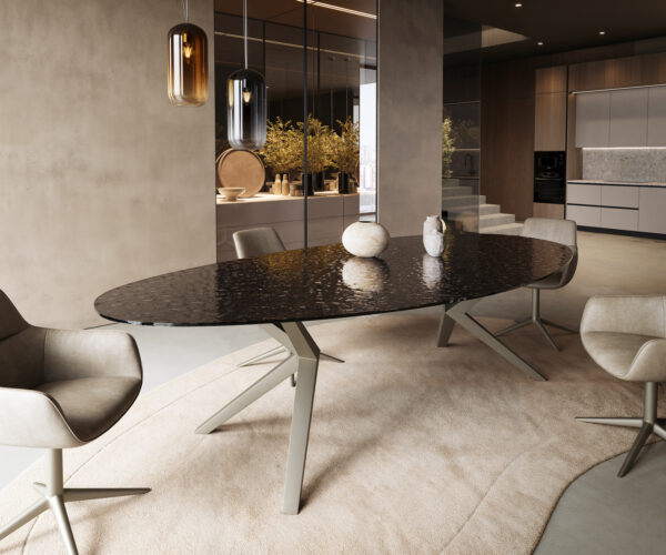 Étkezőasztal Edge ovális 280x130 domborított üveg füstfekete 3D design Zenthara szögletes fém titán effektfinish