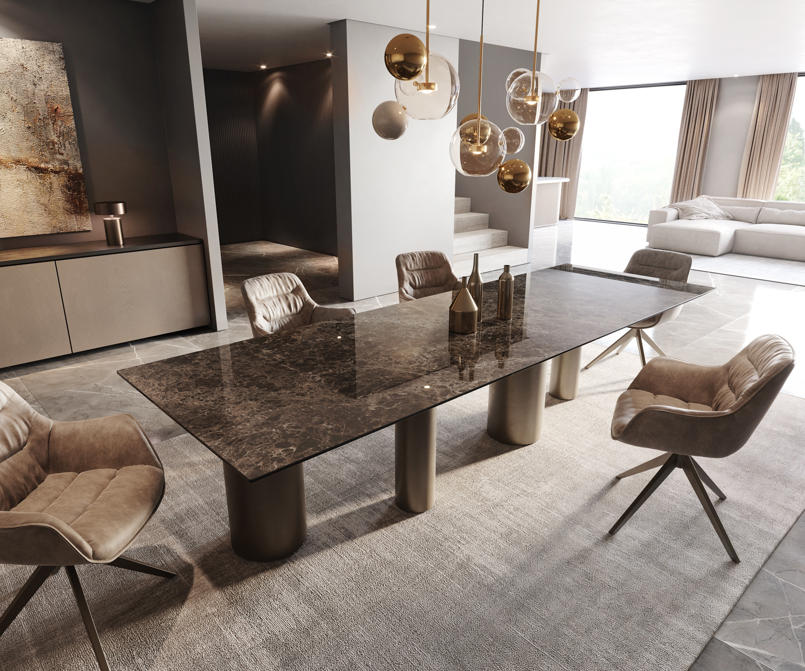 Étkezőasztal Edge 300x100 Laminam® Emperador extra polírozott kerámia sötétbarna fém láb titán effekt felület - Image 2