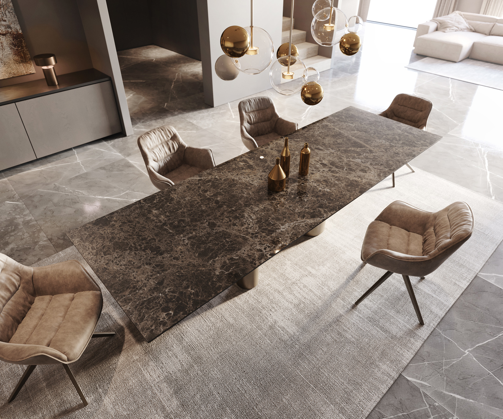 Étkezőasztal Edge 300x100 Laminam® Emperador extra polírozott kerámia sötétbarna fém láb titán effekt felület - Image 5