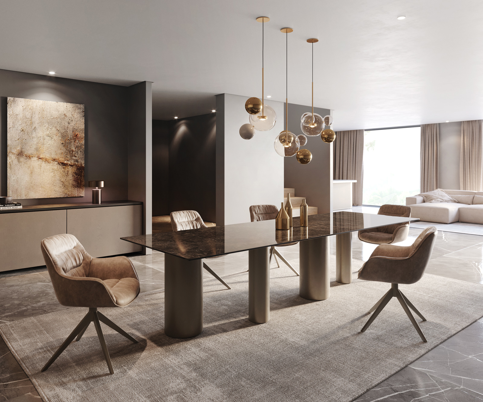 Étkezőasztal Edge 300x100 Laminam® Emperador extra polírozott kerámia sötétbarna fém láb titán effekt felület - Image 6