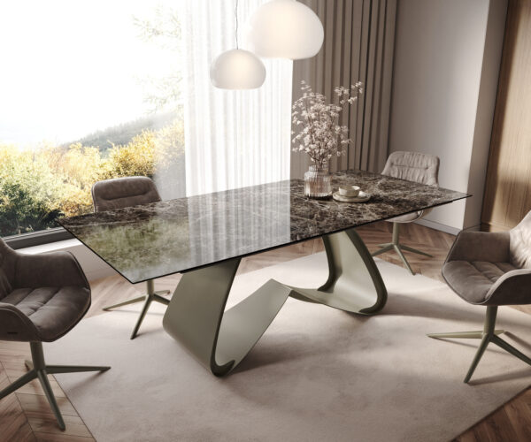 Étkezőasztal Edge 180-220x100 cm Laminam® Emperador Extra Lucidato kerámia sötétbarna W alakú láb titánszínű effektfinish kihúzható