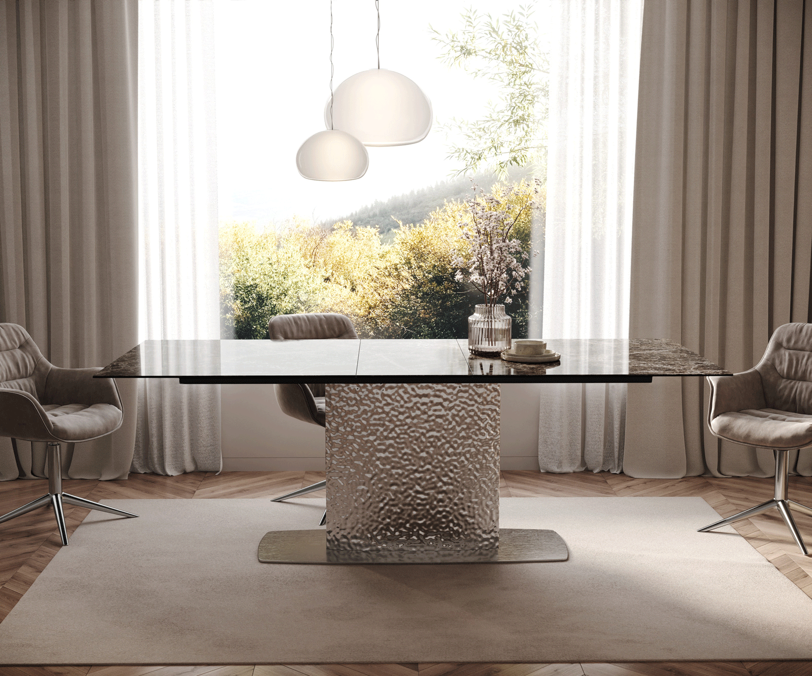 Étkezőasztal Edge 180-220x100 kerámia Laminam® Emperador Extra Lucidato sötétbarna Wave rozsdamentes acél kihúzható - Image 2