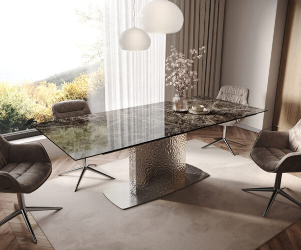 Étkezőasztal Edge 180-220x100 kerámia Laminam® Emperador Extra Lucidato sötétbarna Wave rozsdamentes acél kihúzható