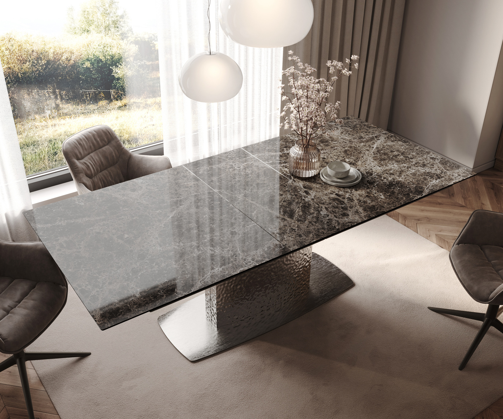 Étkezőasztal Edge 180-220x100 kerámia Laminam® Emperador Extra Lucidato sötétbarna Wave rozsdamentes acél kihúzható - Image 4