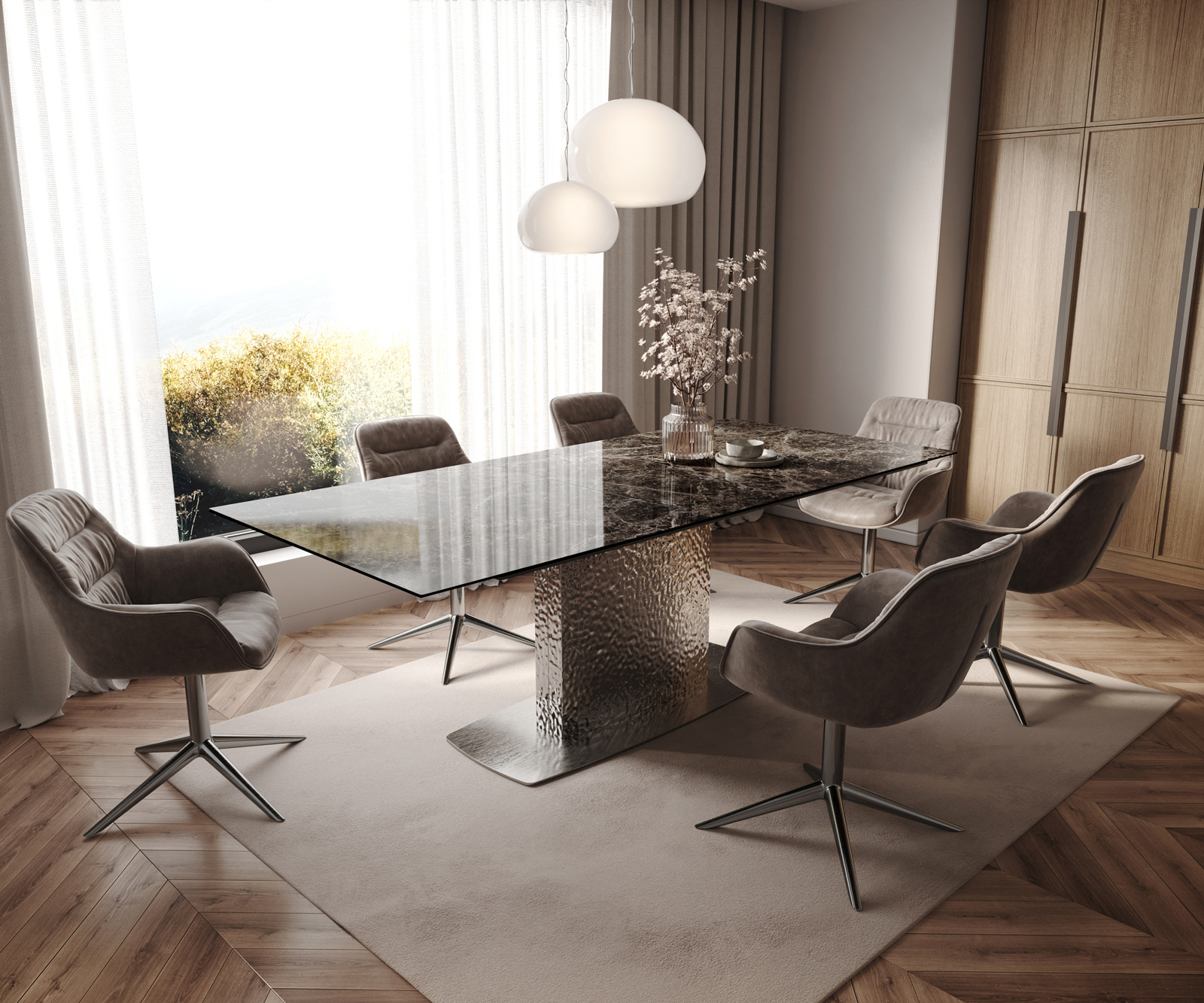 Étkezőasztal Edge 180-220x100 kerámia Laminam® Emperador Extra Lucidato sötétbarna Wave rozsdamentes acél kihúzható - Image 7