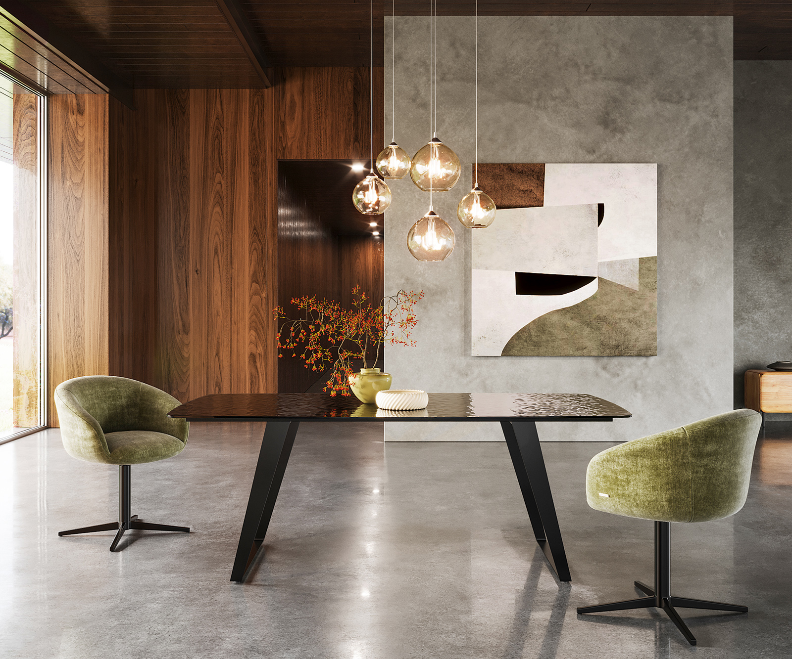 Étkezőasztal Edge hajóformájú 200x100 domborított üveg füstfekete 3D design fém ferde fekete - Image 2