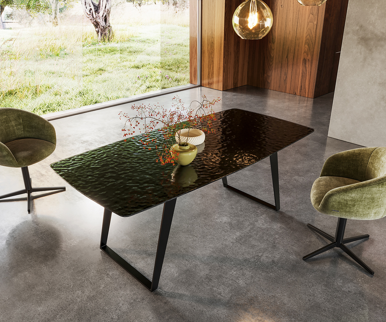 Étkezőasztal Edge hajóformájú 200x100 domborított üveg füstfekete 3D design fém ferde fekete