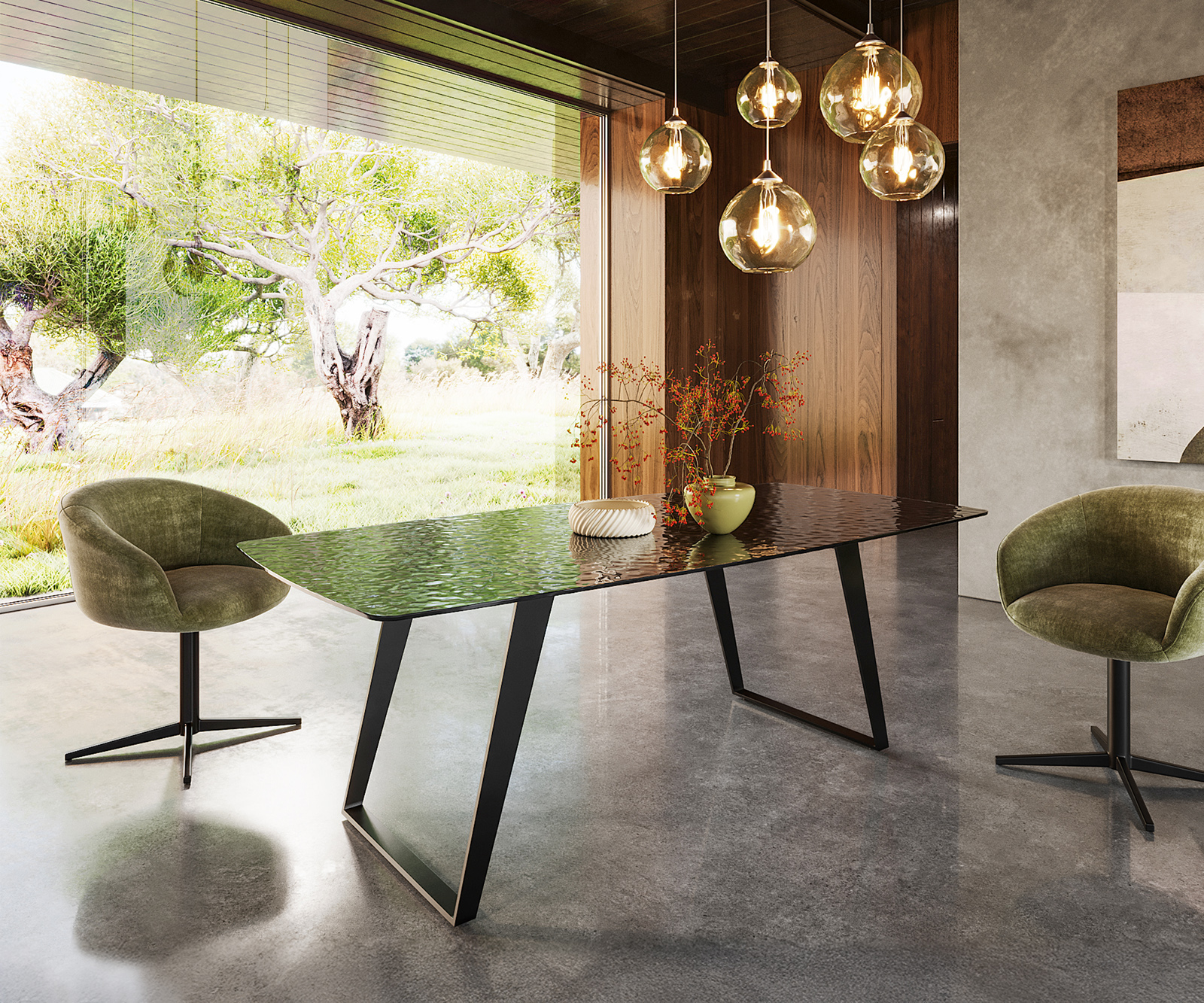 Étkezőasztal Edge hajóformájú 200x100 domborított üveg füstfekete 3D design fém ferde fekete - Image 4