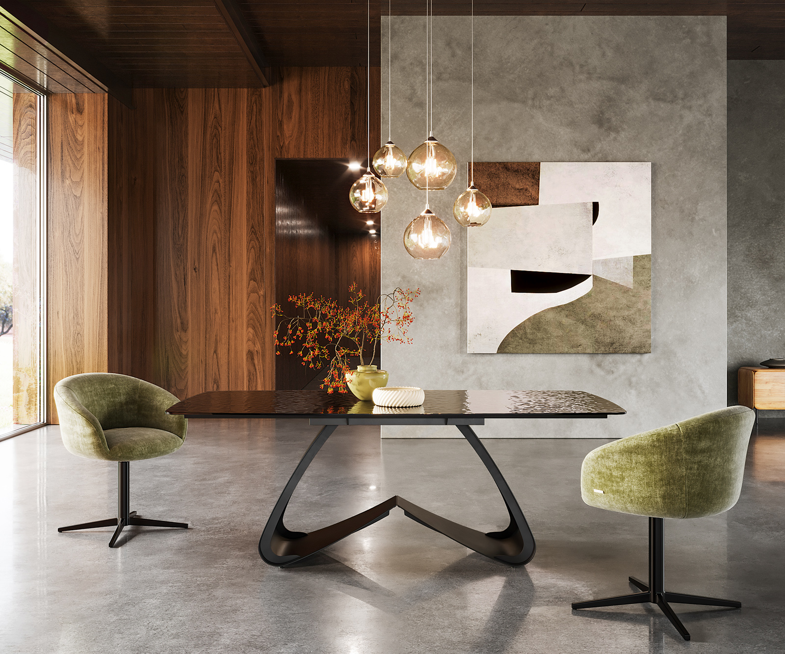 Étkezőasztal Edge hajóformájú 200x100 domborított üveg füstfekete 3D design W alakú fém láb fekete - Image 2