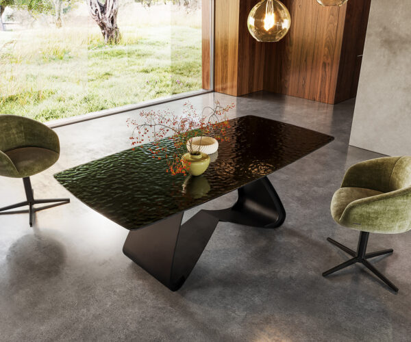 Étkezőasztal Edge hajóformájú 200x100 domborított üveg füstfekete 3D design W alakú fém láb fekete