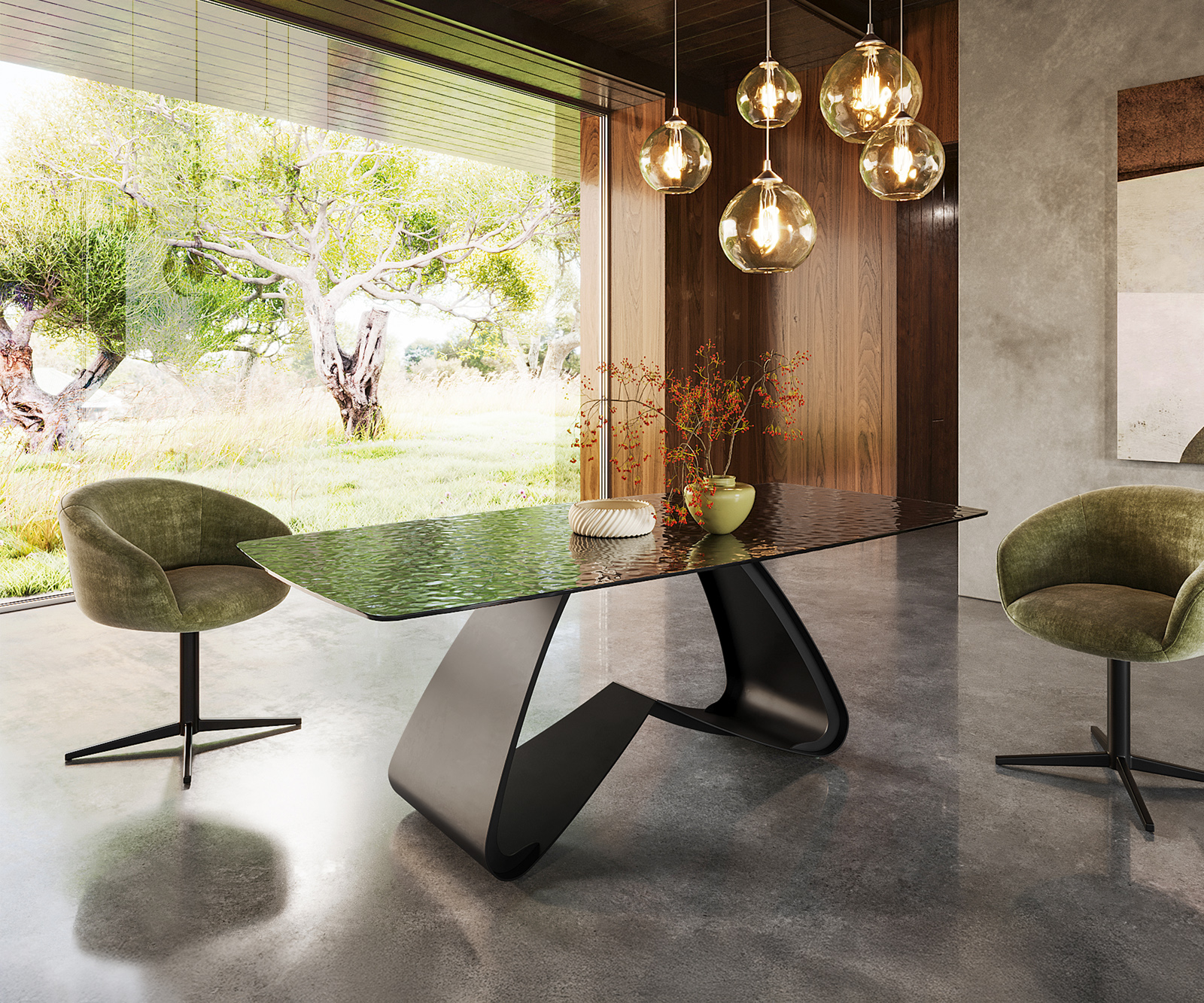 Étkezőasztal Edge hajóformájú 200x100 domborított üveg füstfekete 3D design W alakú fém láb fekete - Image 4