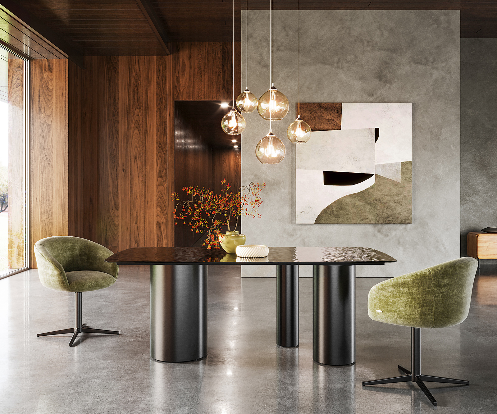 Étkezőasztal Edge hajóformájú 200x100 domborított üveg füstfekete 3D design Troa rozsdamentes acél grafit - Image 2