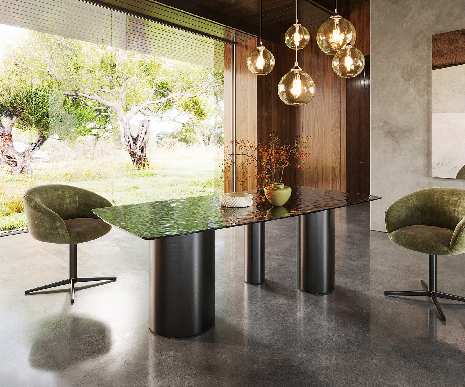 Étkezőasztal Edge hajóformájú 200x100 domborított üveg füstfekete 3D design Troa rozsdamentes acél grafit - Image 4