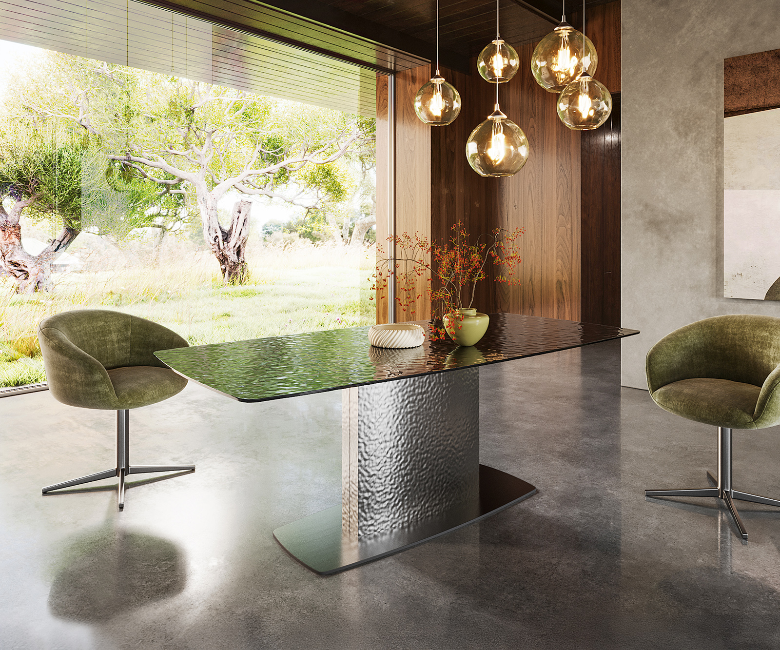 Étkezőasztal Edge hajóformájú 200x100 domborított üveg füstfekete 3D design hullám rozsdamentes acél - Image 4