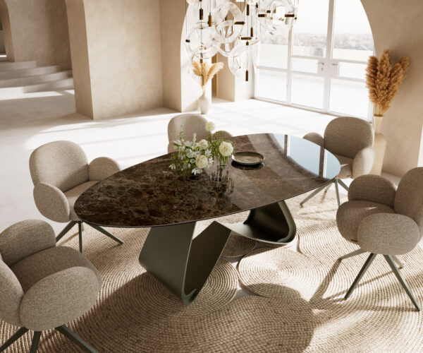 Étkezőasztal Edge ovális 220x120 kerámia Laminam® Emperador Extra Lucidato sötétbarna W alakú fém láb titán színű effekt finish