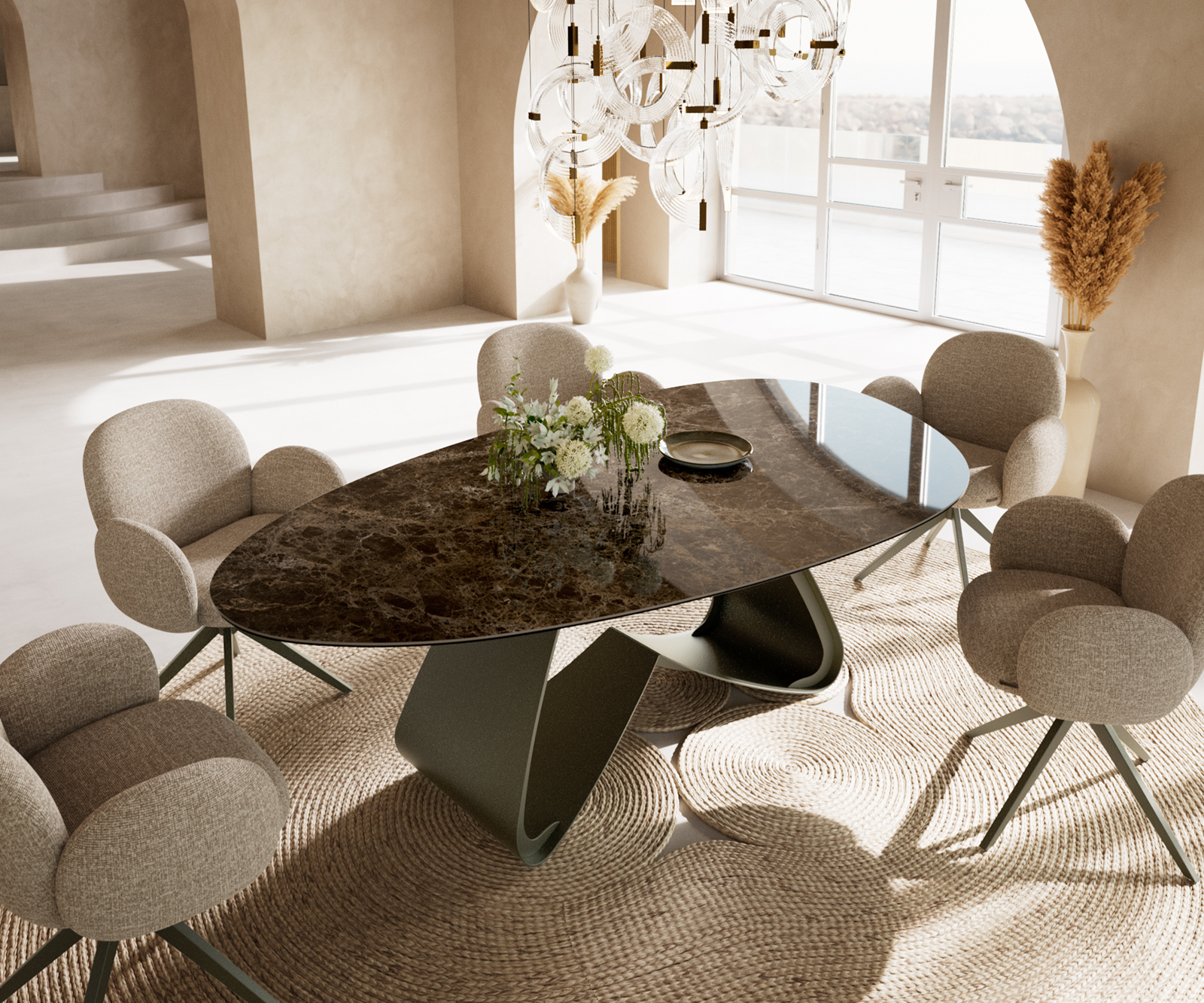 Étkezőasztal Edge ovális 220x120 kerámia Laminam® Emperador Extra Lucidato sötétbarna W alakú fém láb titán színű effekt finish